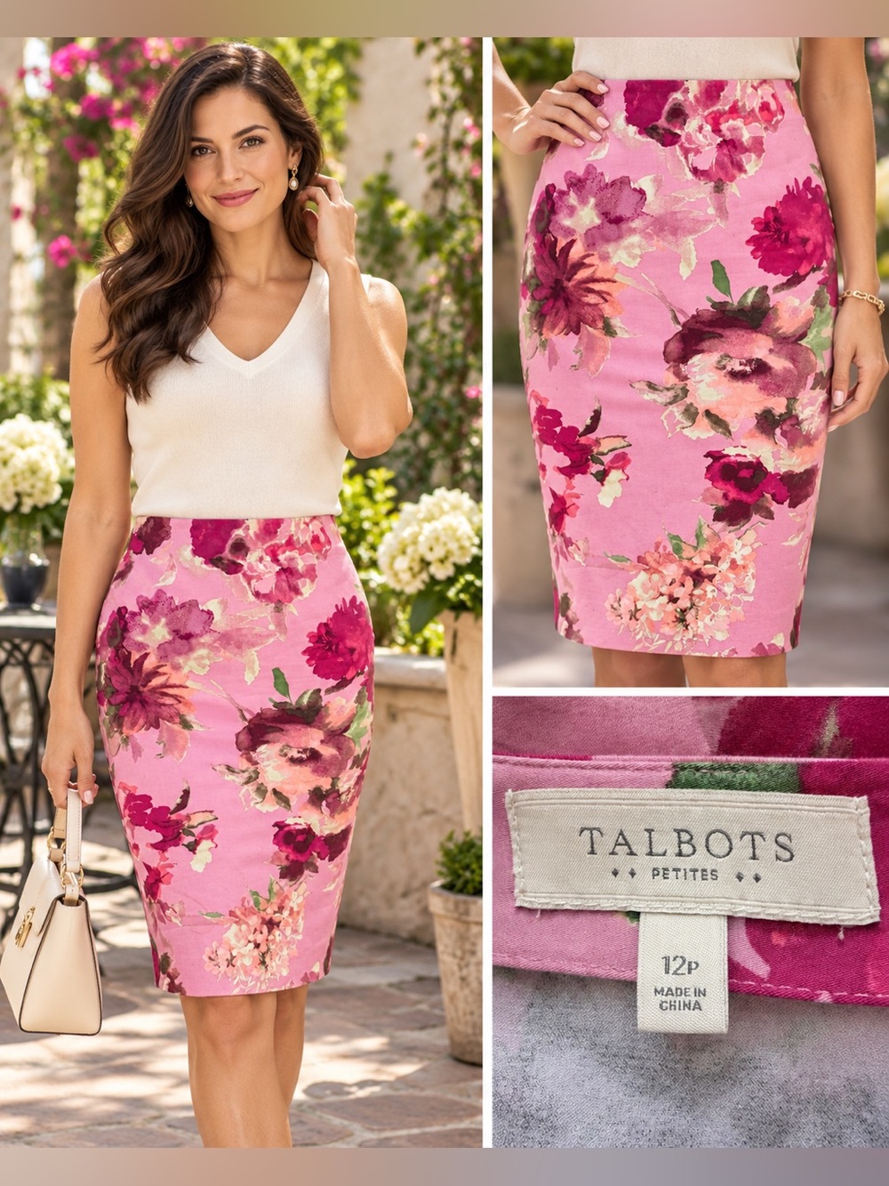 Talbots Petites 12P Pink Floral Pencil Skirt Watercolor Career Spring